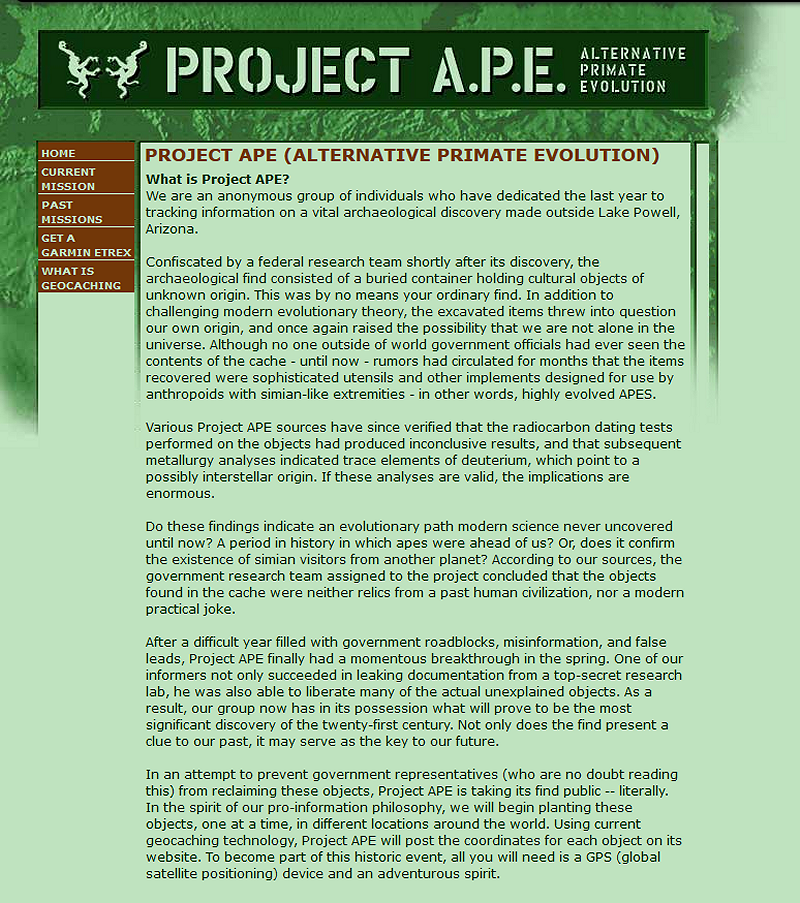 Homepage des Projekts A.P.E im Jahr 2001